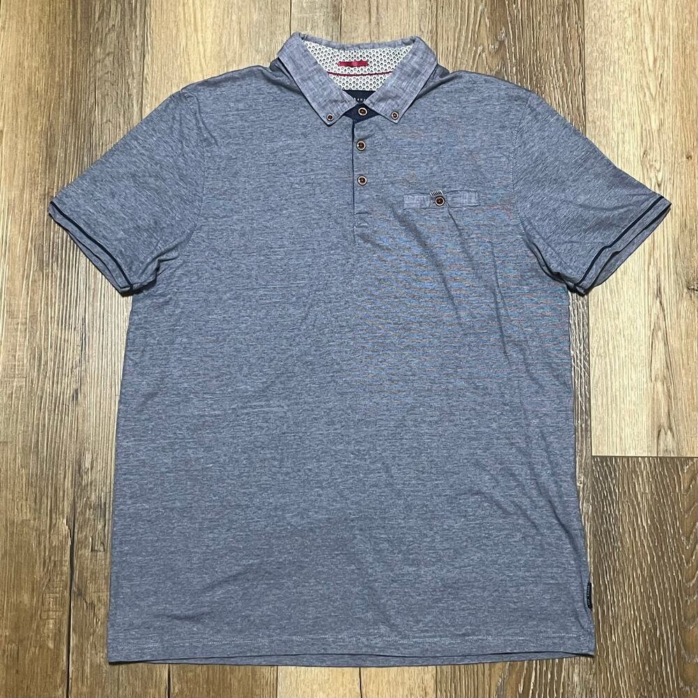 TED BAKER LONDON MENS BLUE MICRO KNIT POLO SHIRT FLORAL COLLAR CAROSEL SIZE 6